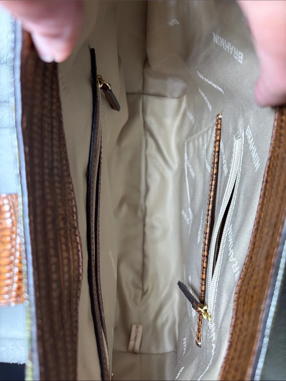 Brahmin Brown Croc-Embossed Hobo Bag with Olive Stripes